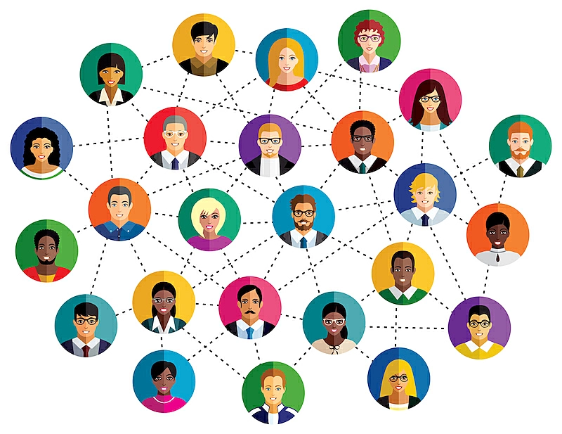 Illustration showing several people's faces inside circles connected by lines